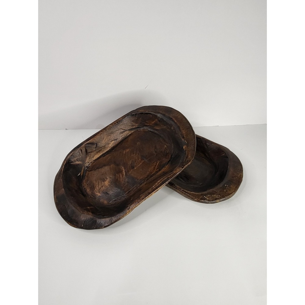 2 Vintage Rustic Hand Carved Wooden Dough Bowls Dark Brown Farmhouse Decor